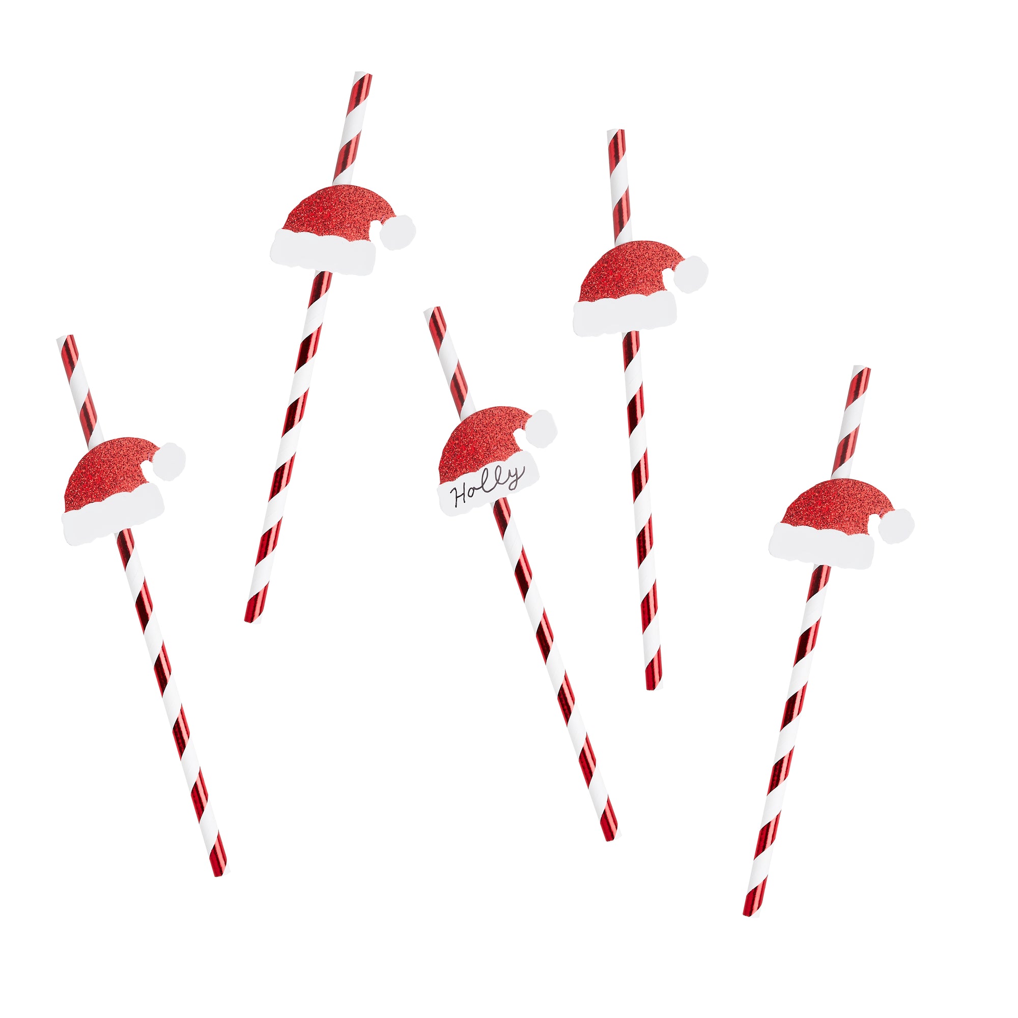 Red & White Striped Paper Straws with Santa Hat Drink Markers