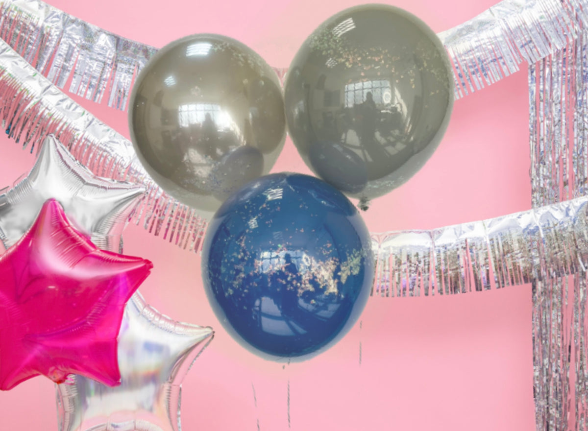 Double Layered Blue &amp; Silver Iridescent Confetti Balloons